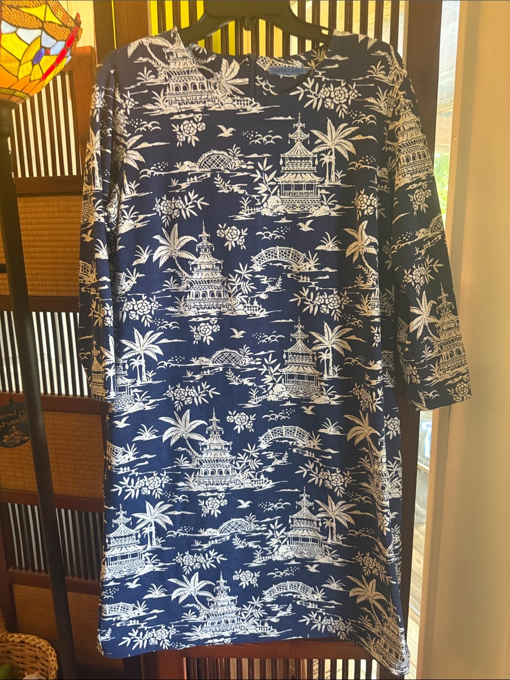 J. McLaughlin Navy & White Scenic Print Long Sleeve Dress